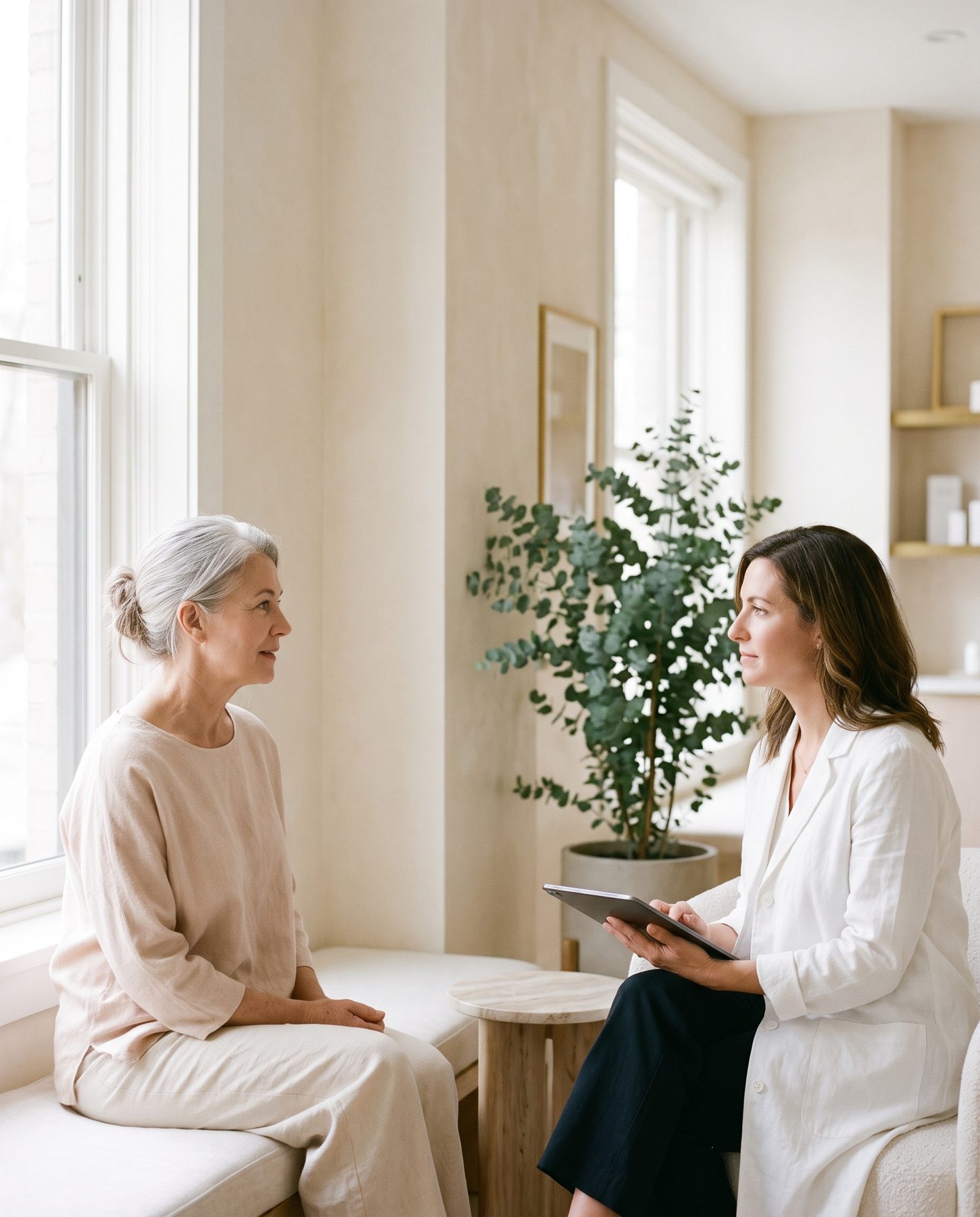 A client and clinician in conversation in a sunlit consultation room